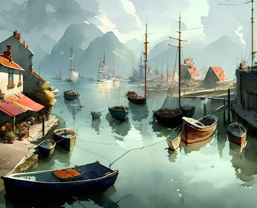 Boats and ships in serene harbor with buildings and mountains.