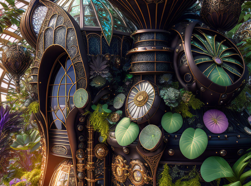 Steampunk-inspired garden with metallic structures and lush greenery