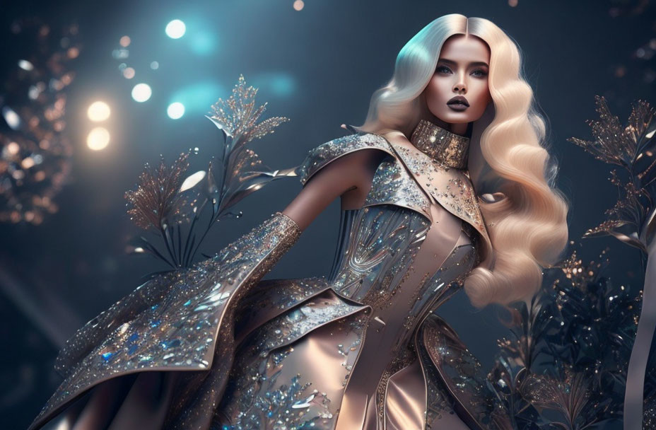 Platinum blonde woman in futuristic silver attire against mystical backdrop