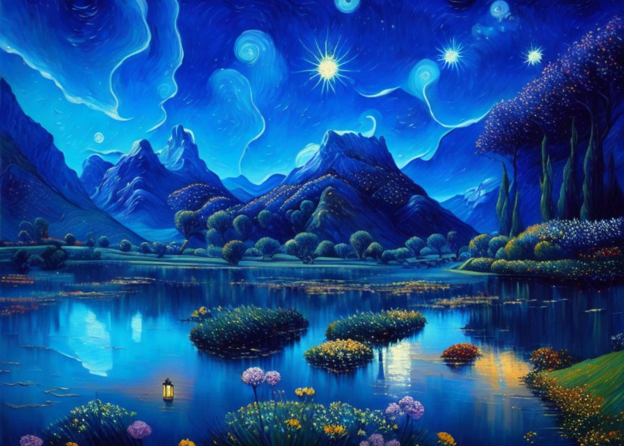 Vibrant starlit landscape painting with mountains, lake, and lantern.