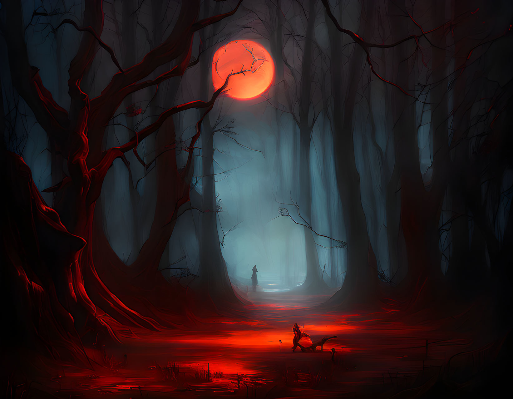 Eerie forest scene with red trees, large red moon, and solitary figure in misty glow