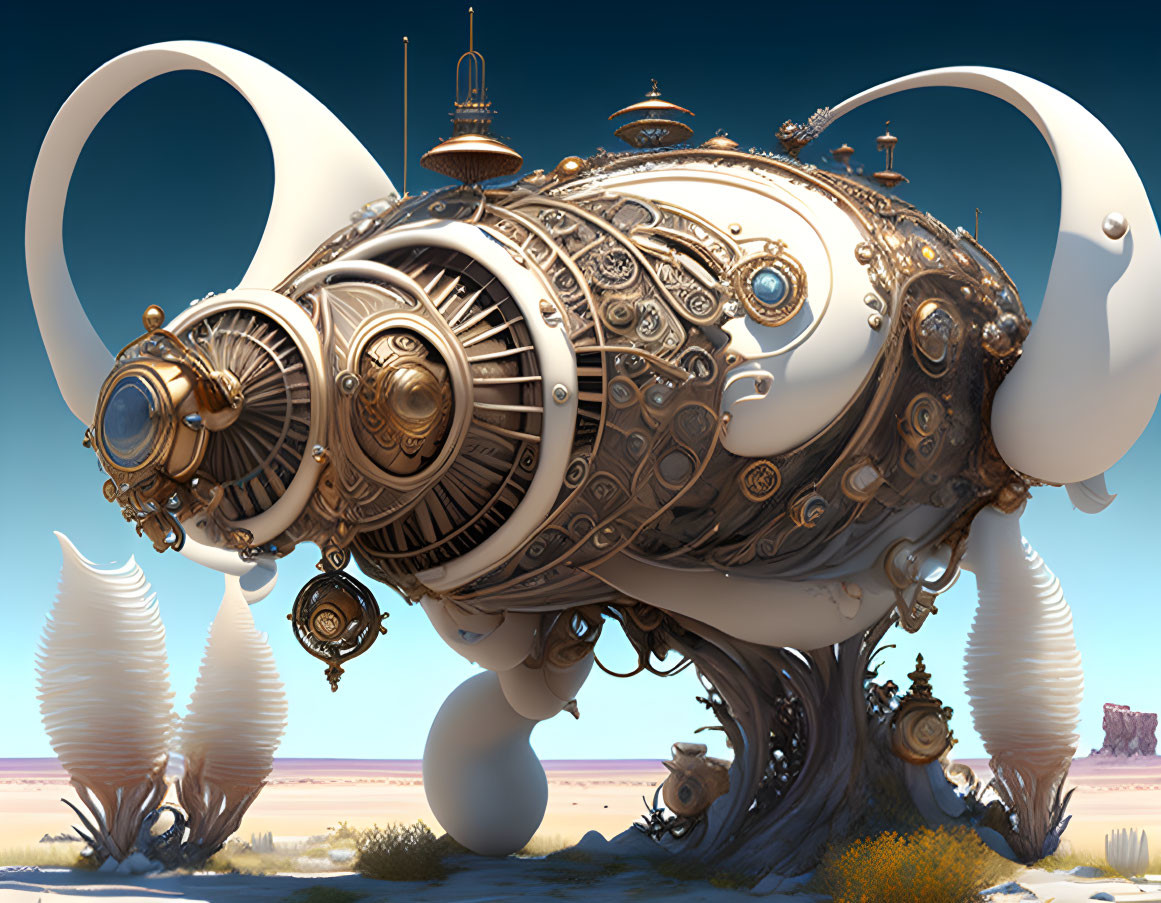 Steampunk elephant with intricate gears in desert landscape