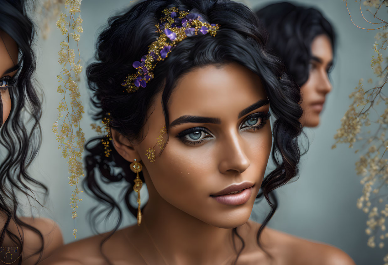 Dark-Haired Woman with Golden Floral Accessories and Elegant Gold Earrings