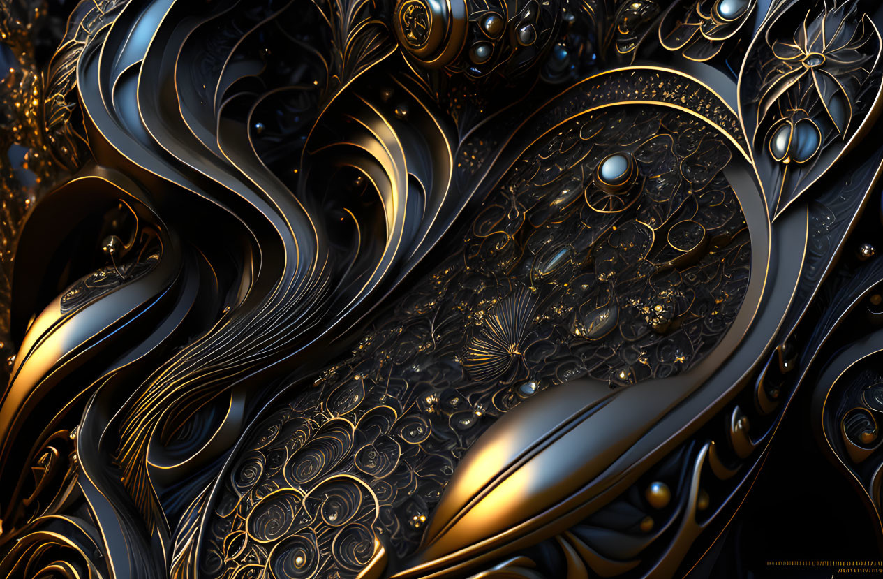 Swirling golden patterns on dark glossy background - Luxury digital artwork