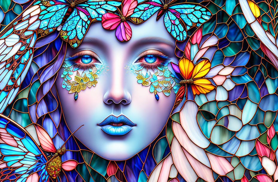 Colorful illustration: Woman's face with butterfly wings hair, adorned with flowers in blue and pink.