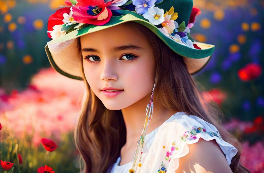 Young girl in floral dress and decorated hat in colorful flower field at dusk