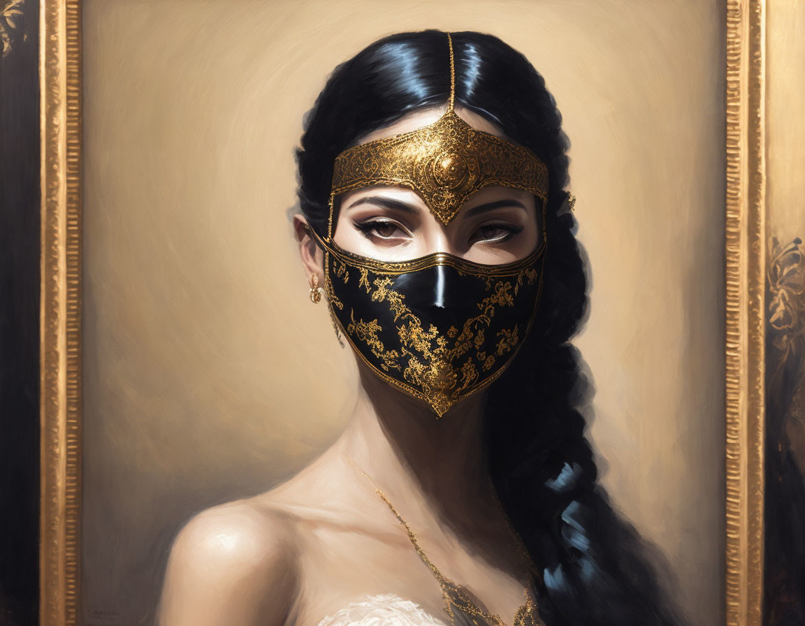 Woman portrait with black and gold mask on creamy background in golden frame