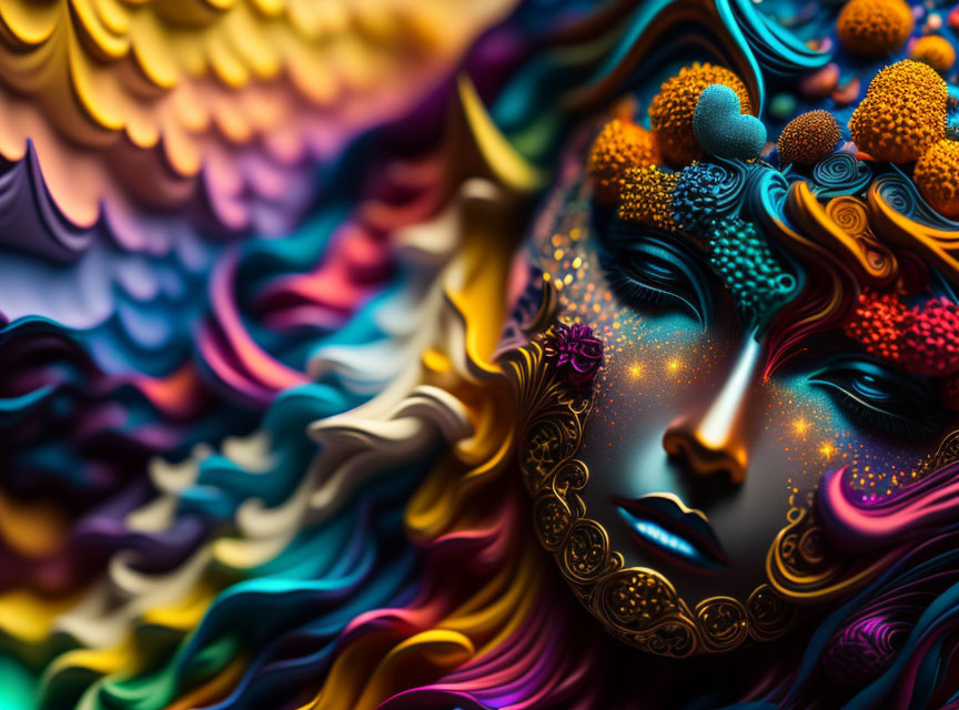 Colorful Abstract Art: Serene Face with Cosmic Patterns & Vibrant Background