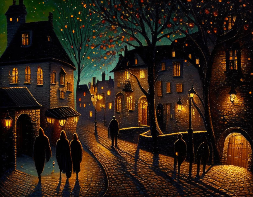 Nighttime cobblestone street scene with glowing houses and trees