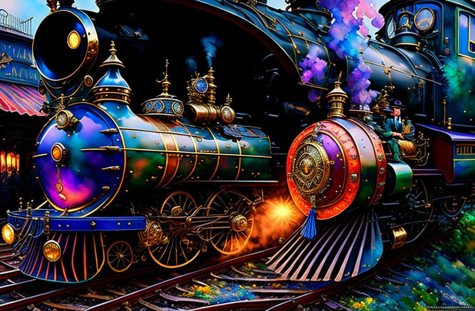 Colorful steam train illustration with blue, red, and gold details.