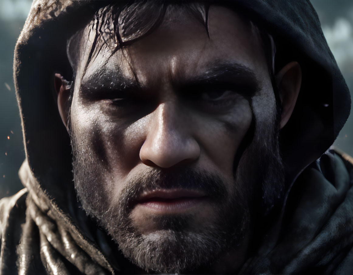 Close-up portrait of a man with stubble and hooded cloak.