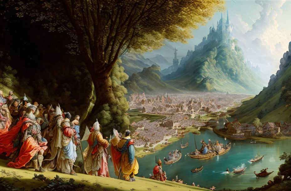 Elegantly dressed figures in classical landscape with city view