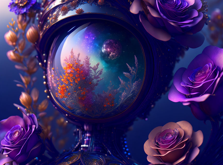 Ornate Device with Roses and Cosmos Scene in Golden and Purple Theme