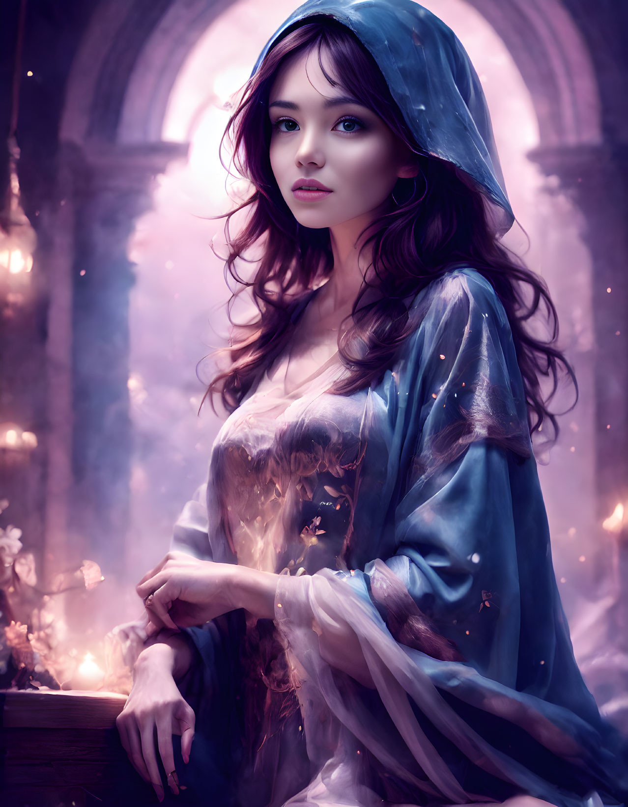 Mystical woman in blue cloak in candle-lit sanctuary with captivating gaze