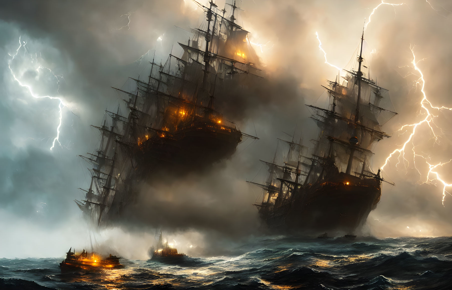 Sailing ships in stormy sea with lightning and ominous clouds