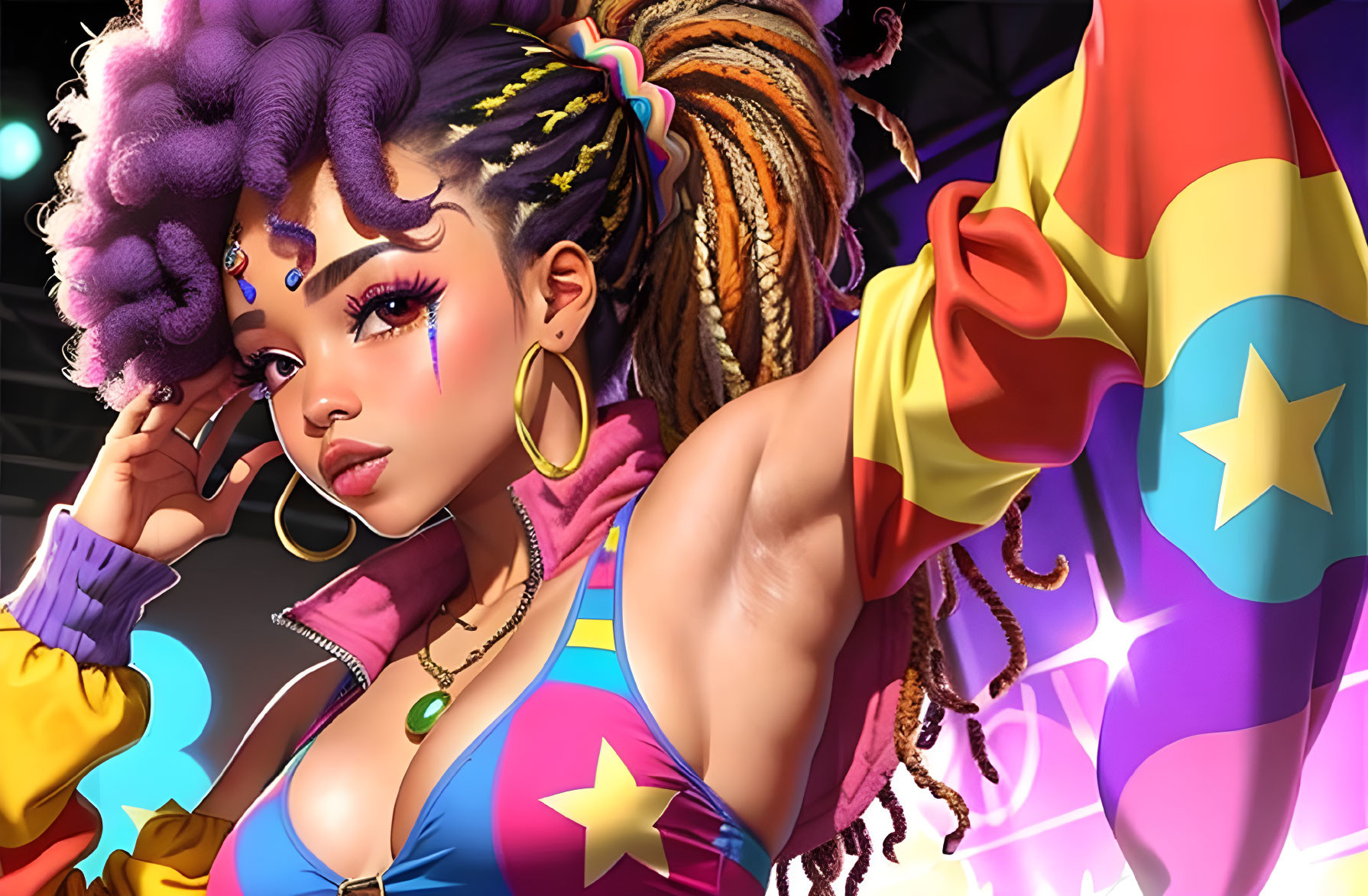 Vibrant digital art: stylized woman with purple hair, star-patterned outfit.