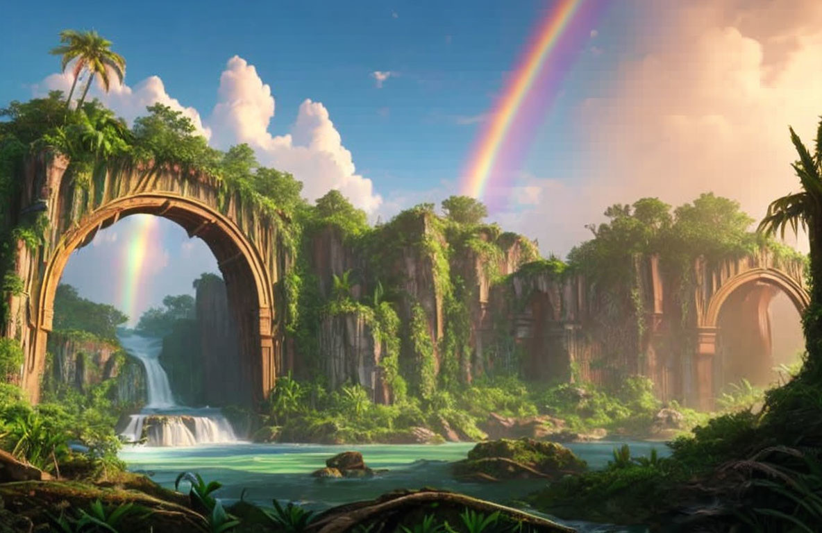 Lush Jungle Scene with Stone Arches, Waterfalls, and Rainbow