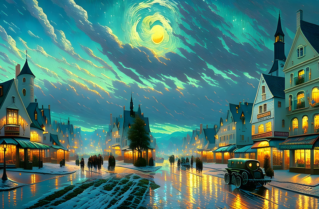 Whimsical town scene with starry night sky, snow-covered streets, classical buildings, pedestrians,