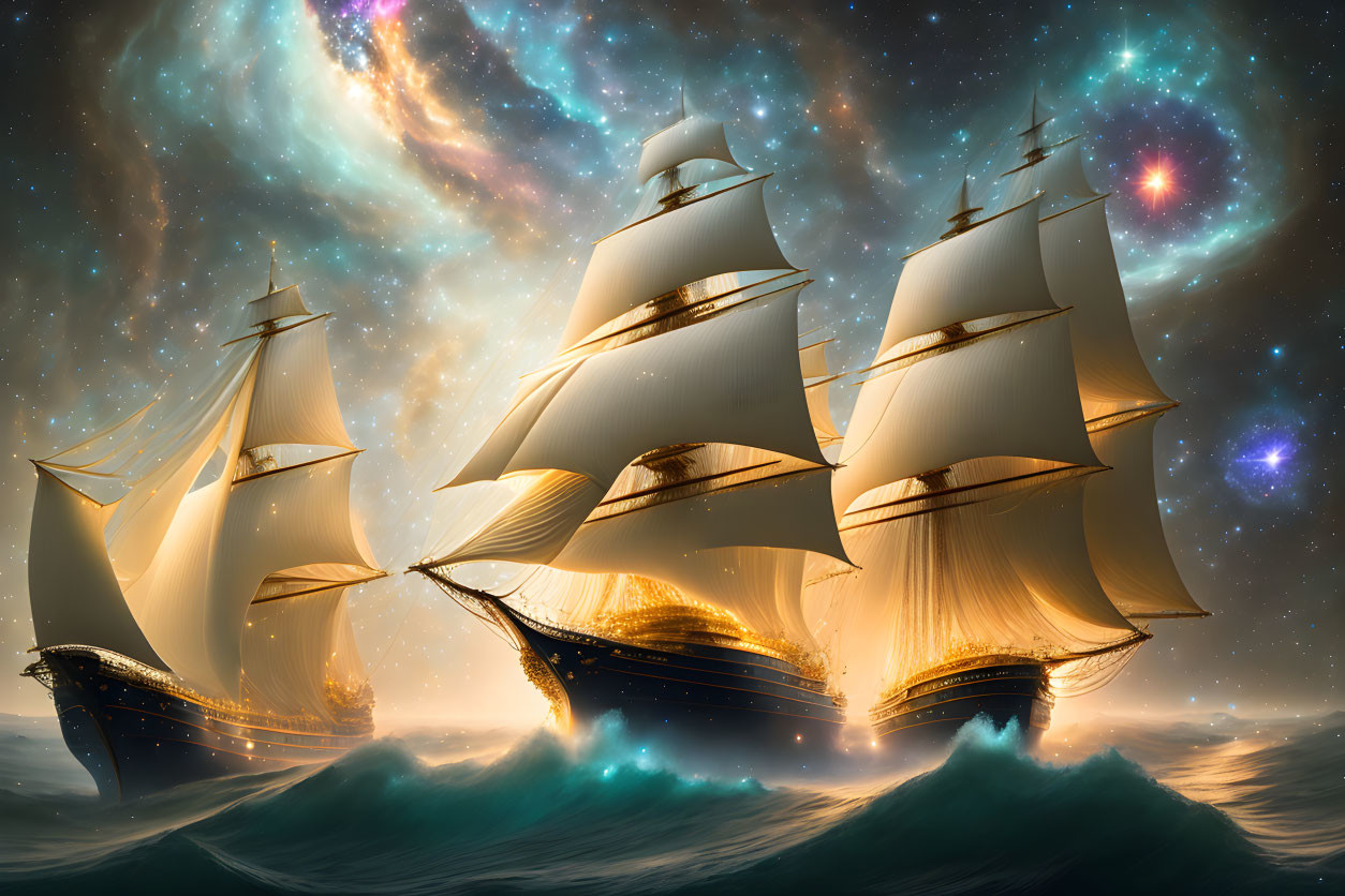 Tall Ships Sailing on Tumultuous Seas Under Starry Night Sky