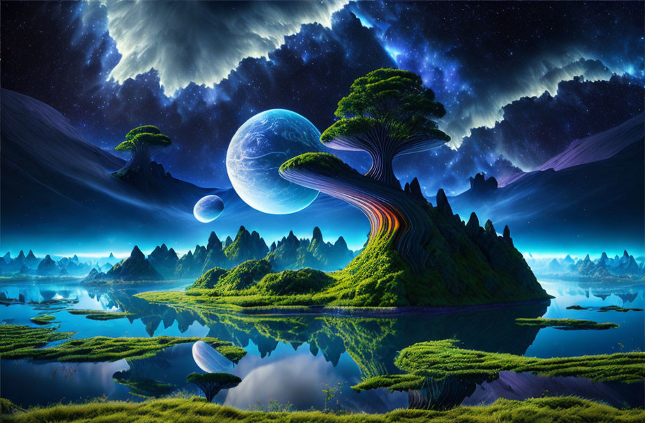 Vibrant fantasy landscape with greenery, reflective lake, and star-filled sky