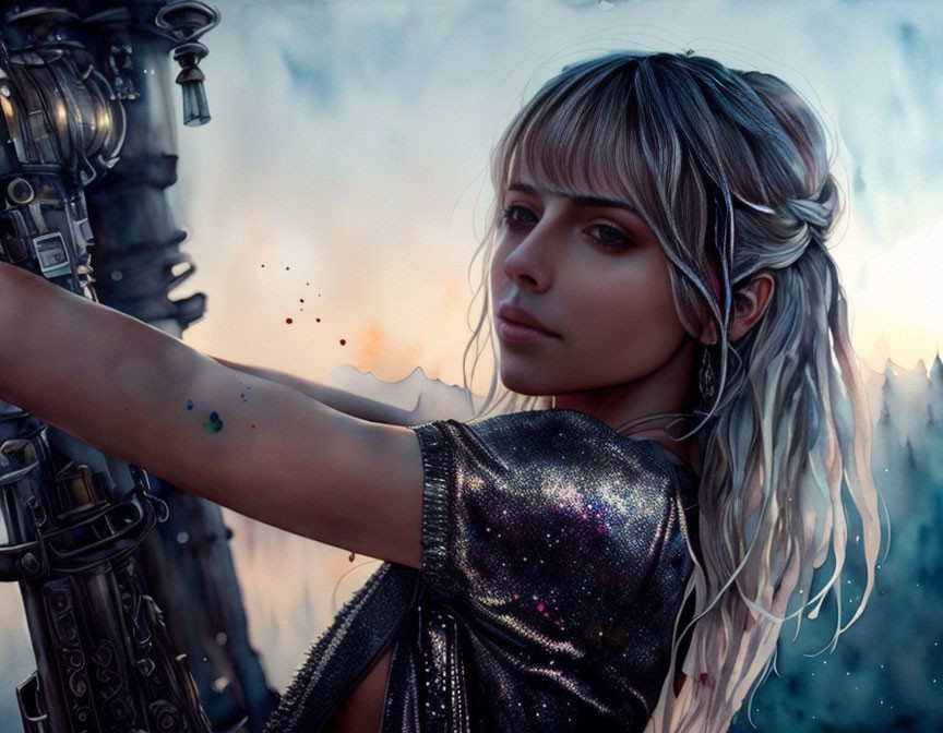 Digital artwork of woman with blue eyes & blonde hair, galaxy-themed top, futuristic weapon, dreamy