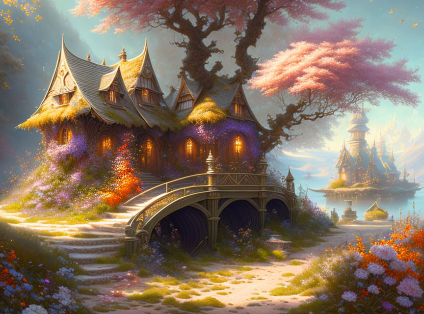 Whimsical cottage, arched bridge, majestic castle in enchanting fantasy landscape