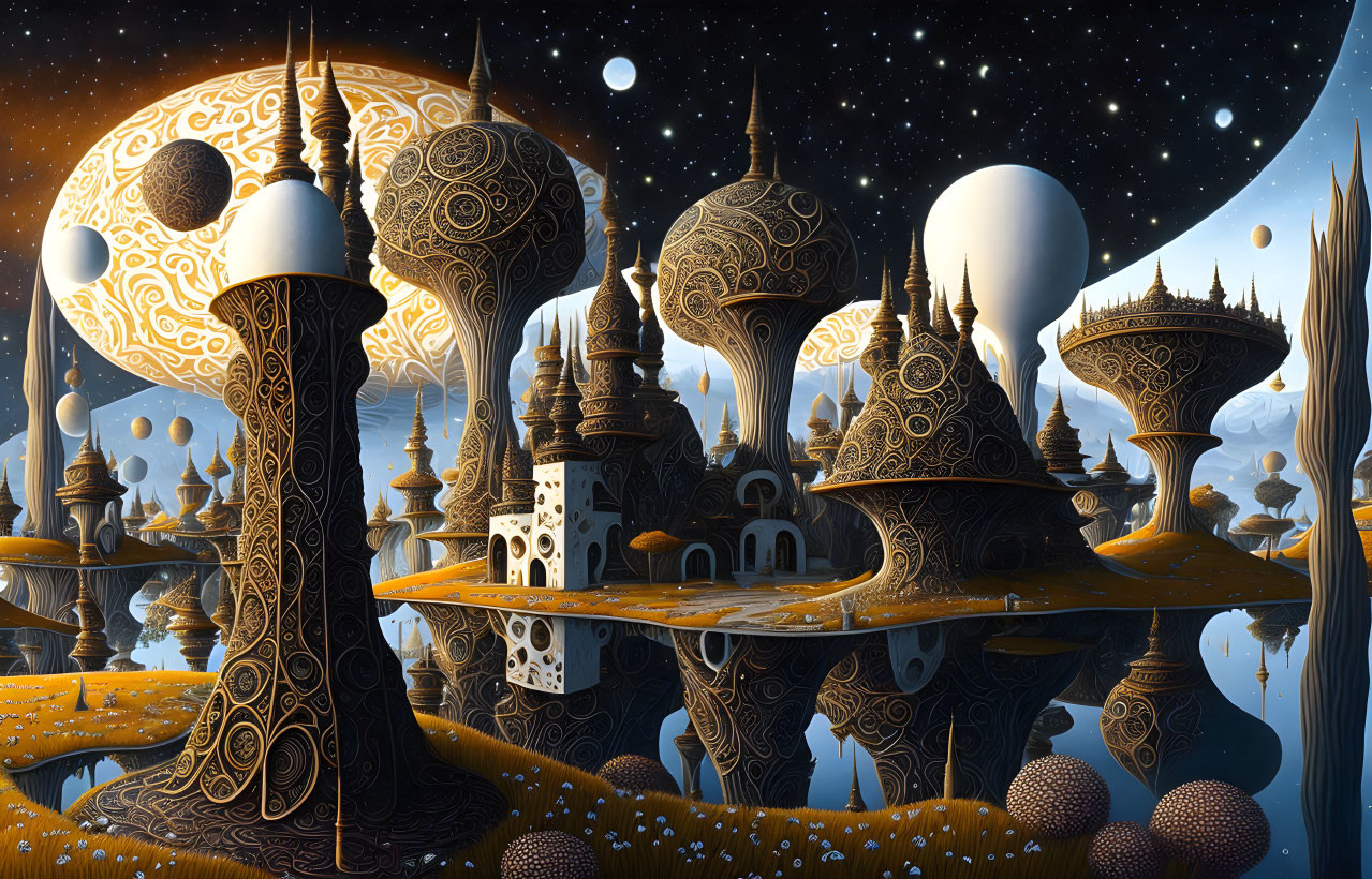 Ornate towers and domes in fantasy landscape with celestial bodies