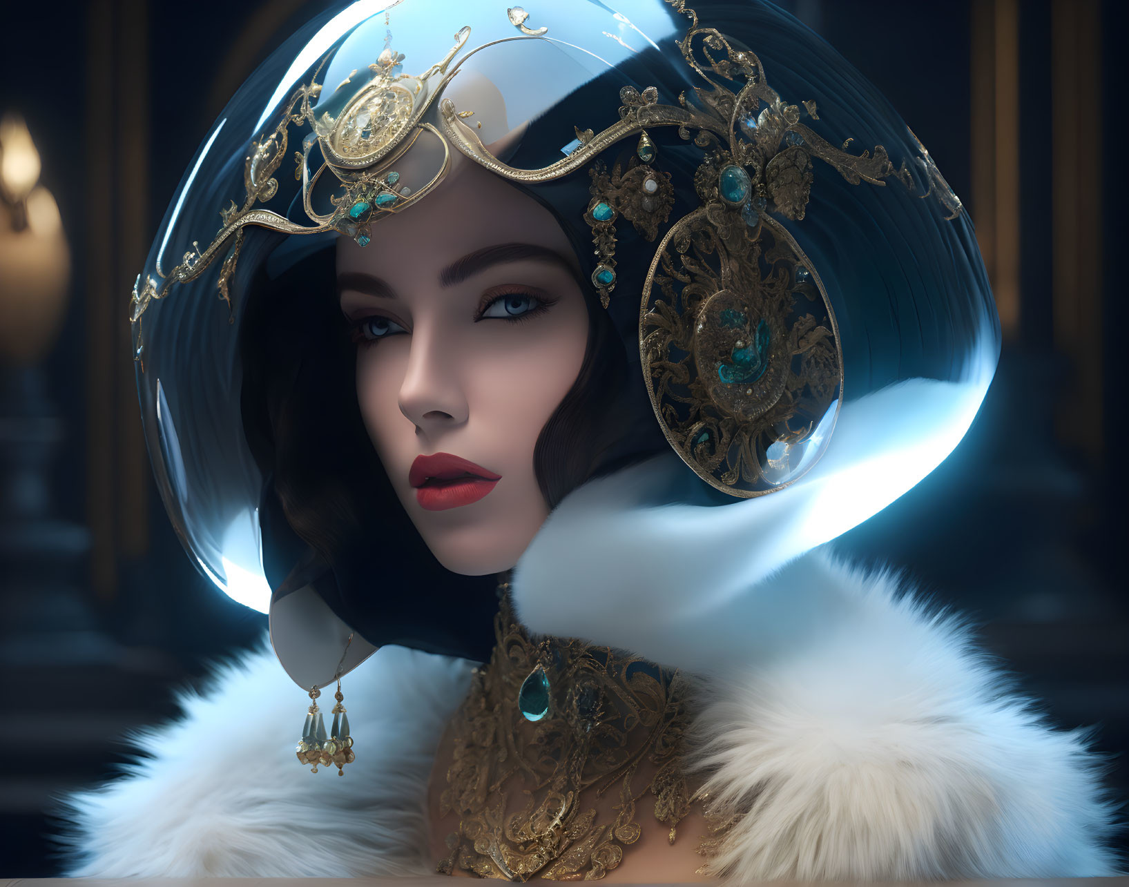 Digital artwork: Woman in futuristic headdress with gold accents and blue gemstones