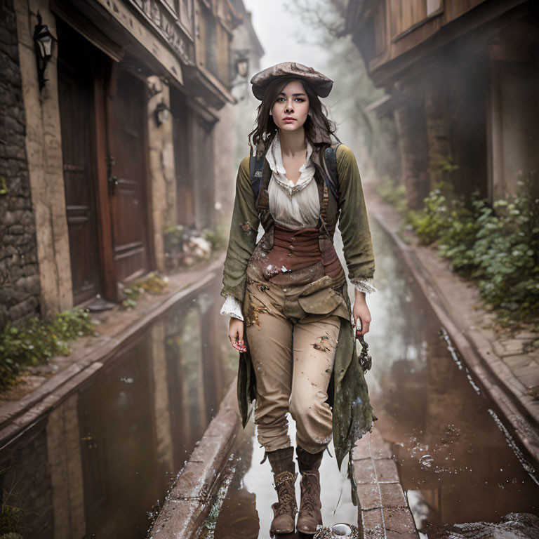 Historical pirate-like woman on wet cobblestone street near canal.