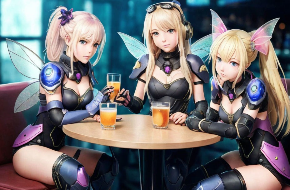 Futuristic anime-style female characters with mechanical wings at a bar