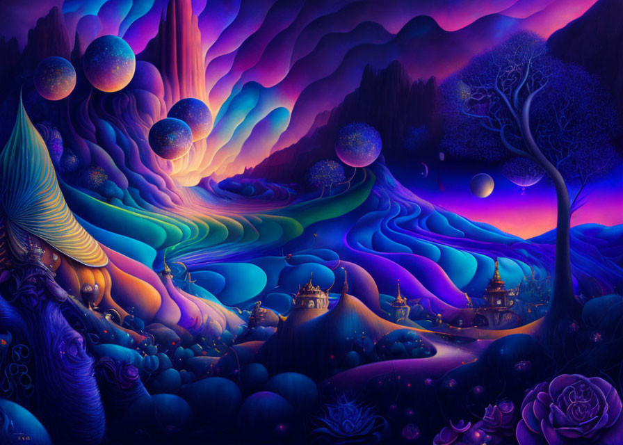 Colorful surreal landscape with floating spheres and spiral tree