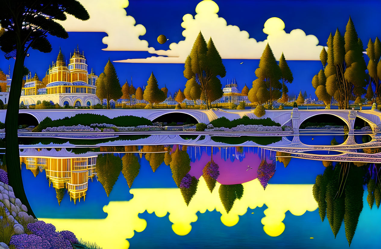 Colorful Surreal Landscape with River, Trees, Building, and Bridge