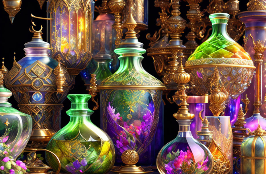 Colorful Glass Bottles and Vials with Ornate Metalwork on Dark Background