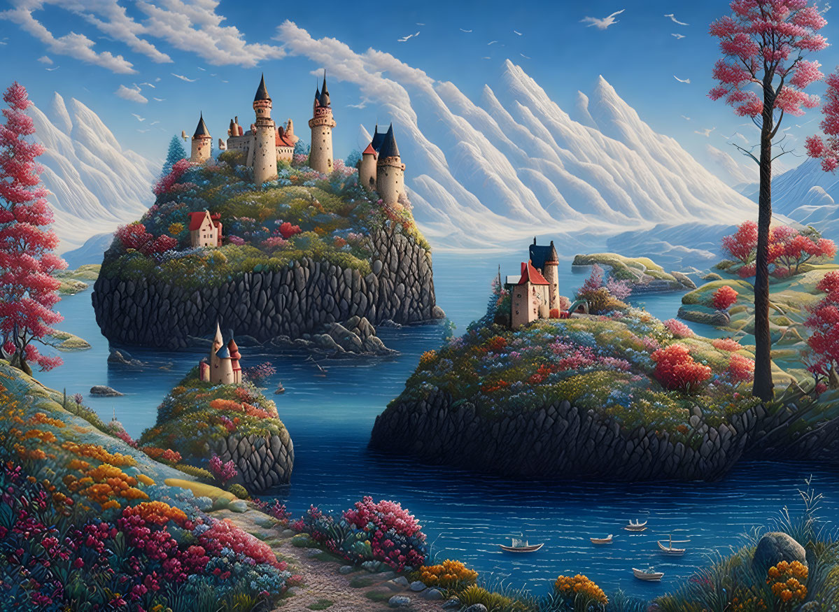 Fairytale landscape with multiple castles on lush islands