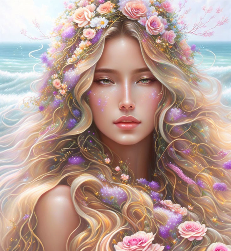 Digital artwork: Woman with golden hair and floral crown, exuding serenity and ethereal vibe