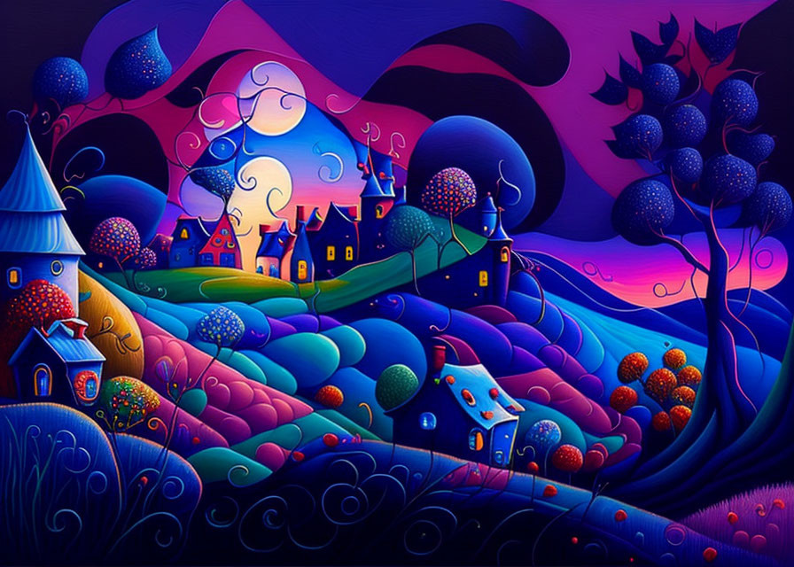 Whimsical landscape with colorful houses, trees, hills, and starry sky