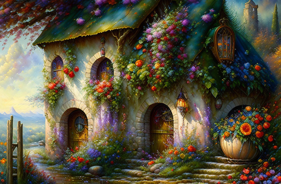 Colorful Flower-Covered Cottage in Magical Garden at Twilight