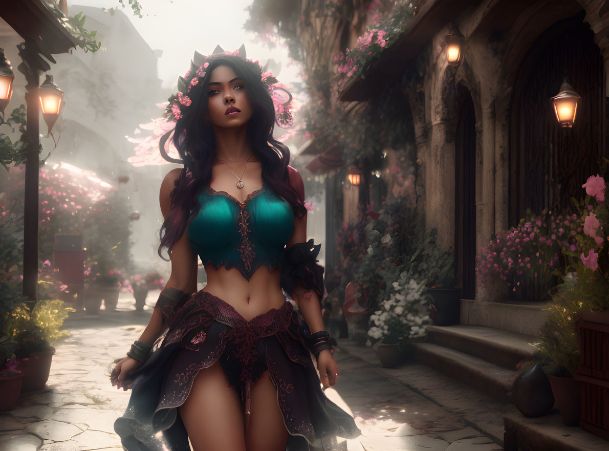 Fantasy female character with floral crown in misty street