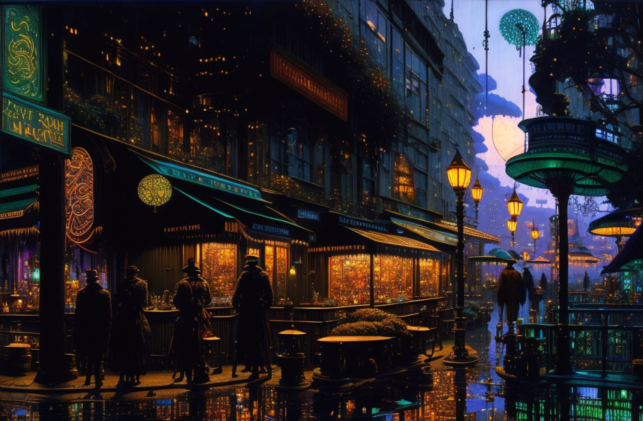 Vintage street lamps illuminate bustling evening street scene with people in period attire and magical glowing store.