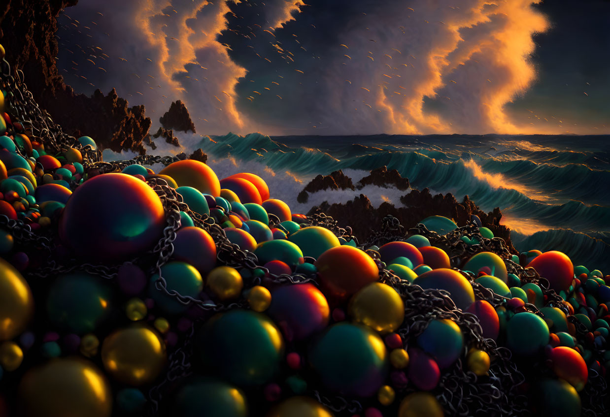 Colorful orbs chained on rocky shore under dramatic sky with bird-like clouds above tumultuous waves