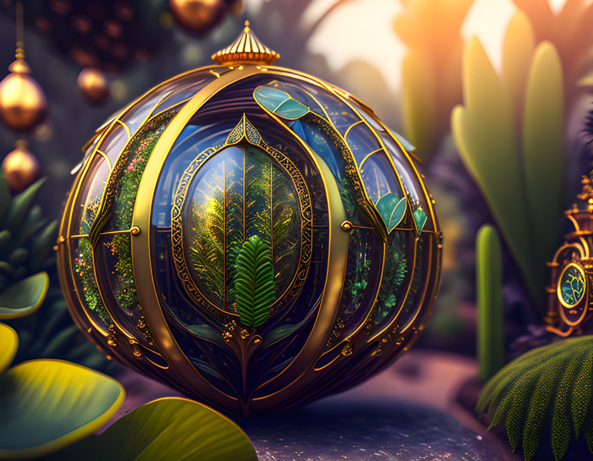 Intricate Egg-Shaped Object in Fantasy Garden