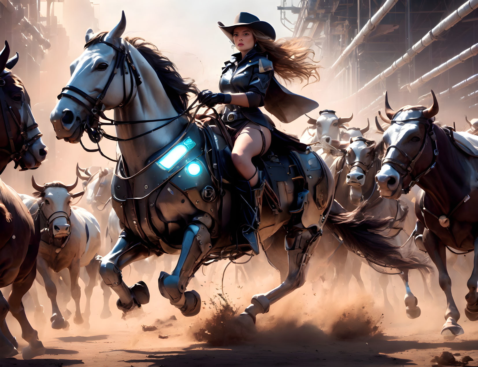 Futuristic cowboy woman riding mechanical horse in industrial landscape