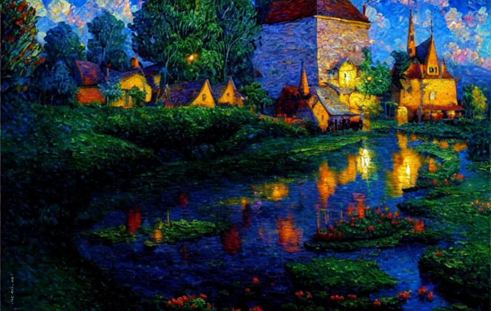 Impressionist painting of a village with stone buildings and river reflections