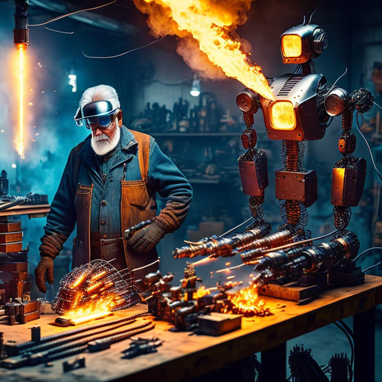 Bearded man in welding goggles with robot emitting sparks in dimly lit workshop