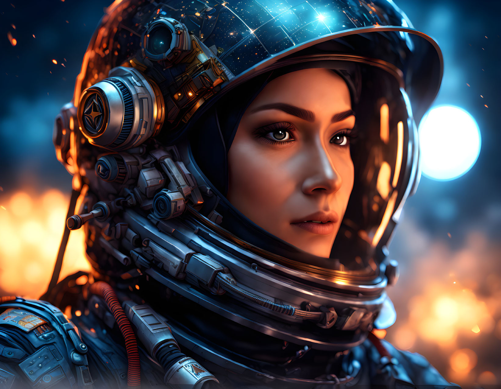 Detailed futuristic space helmet on woman against fiery backdrop