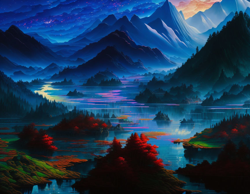 Vibrant landscape painting: layered mountains, reflective river, red foliage, twilight sky