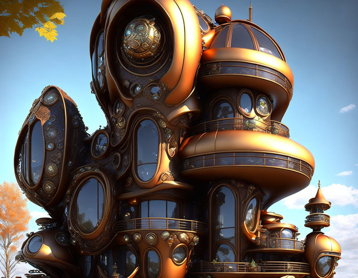 Futuristic multi-level structure with organic shapes and steampunk design against autumn tree backdrop