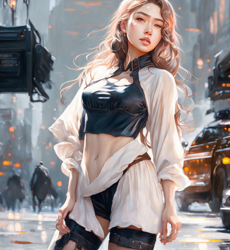 Stylized digital artwork: Young woman in futuristic cityscape