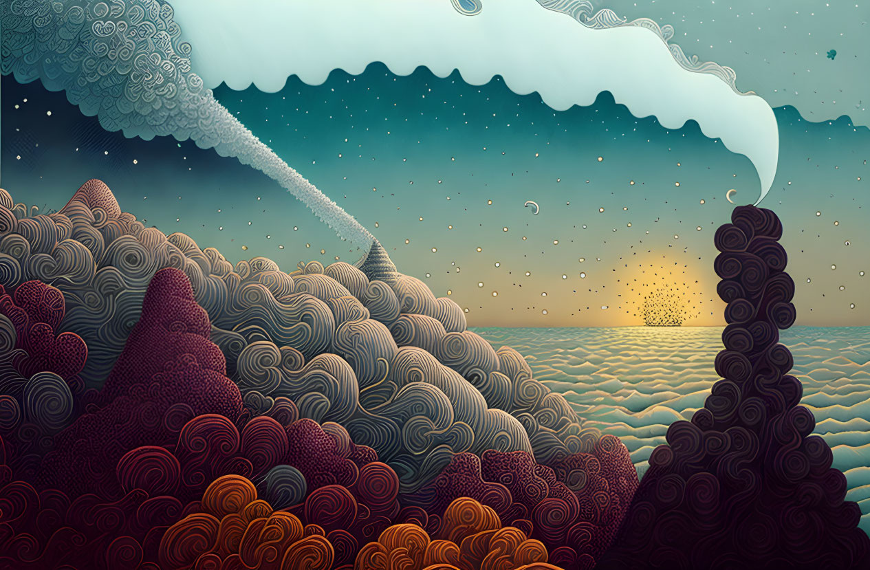 Surreal landscape with wave-like hills under starry sky and sunset rain cloud.