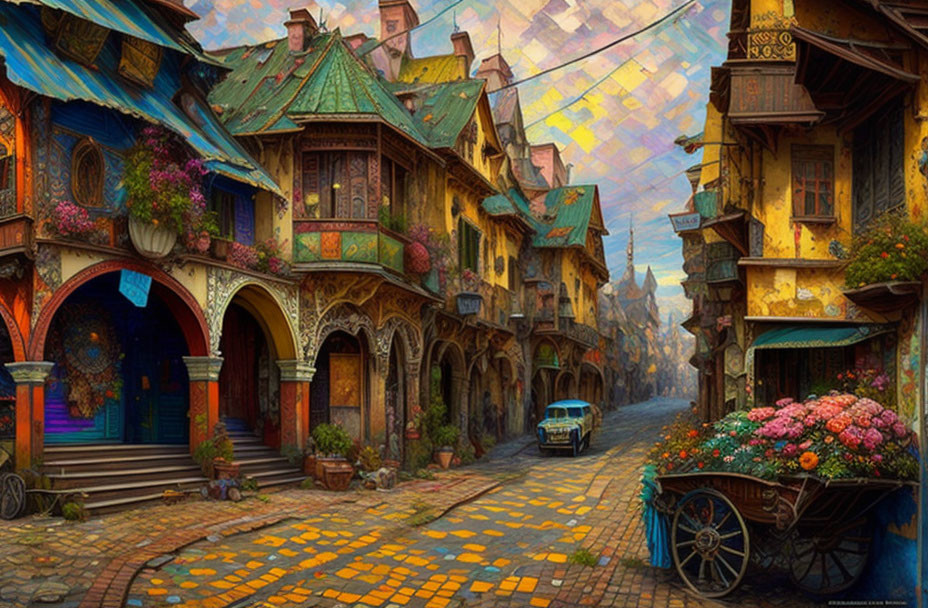 Colorful cobblestone street with ornate buildings, flowers, vintage car, floating lanterns